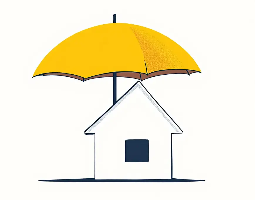 Illustration d'une maison protégée par un parapluie géant